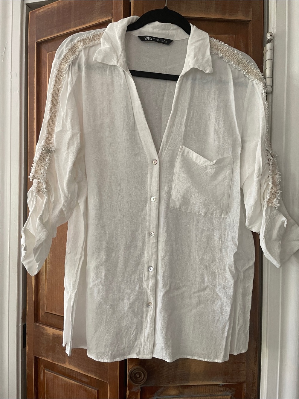 Zara White Beaded Shoulder Button-Down Shirt